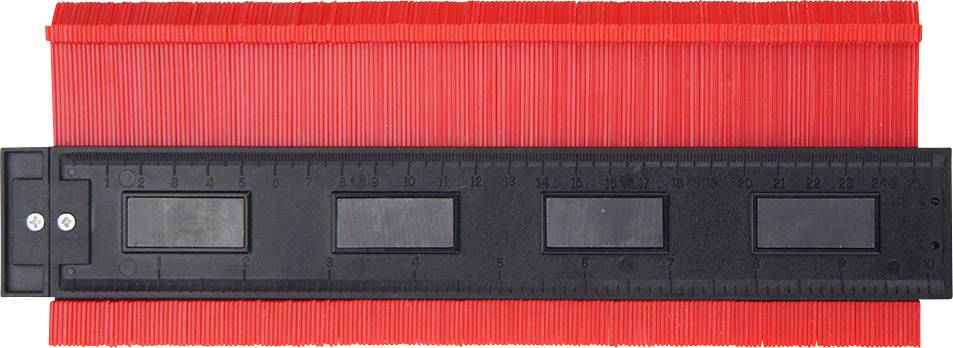Ein roter Konturenlehre neben einem schwarzen Lineal, das verwendet wird, um Formen präzise zu übertragen oder zu messen.