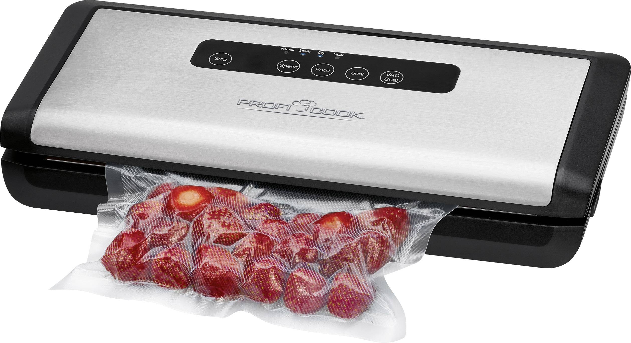 Vakuumiergerät, das rote Lebensmittel in einem Plastikbeutel versiegelt. Oberseite aus gebürstetem Metall mit Bedienknöpfen.