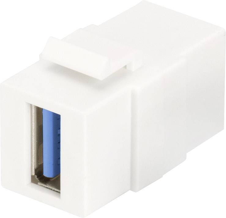 Ein weißer USB-Keystone-Adapter mit rechteckiger Form und blauem USB-Anschluss, verwendet zur Integration von USB-Ports in Patchpanels.