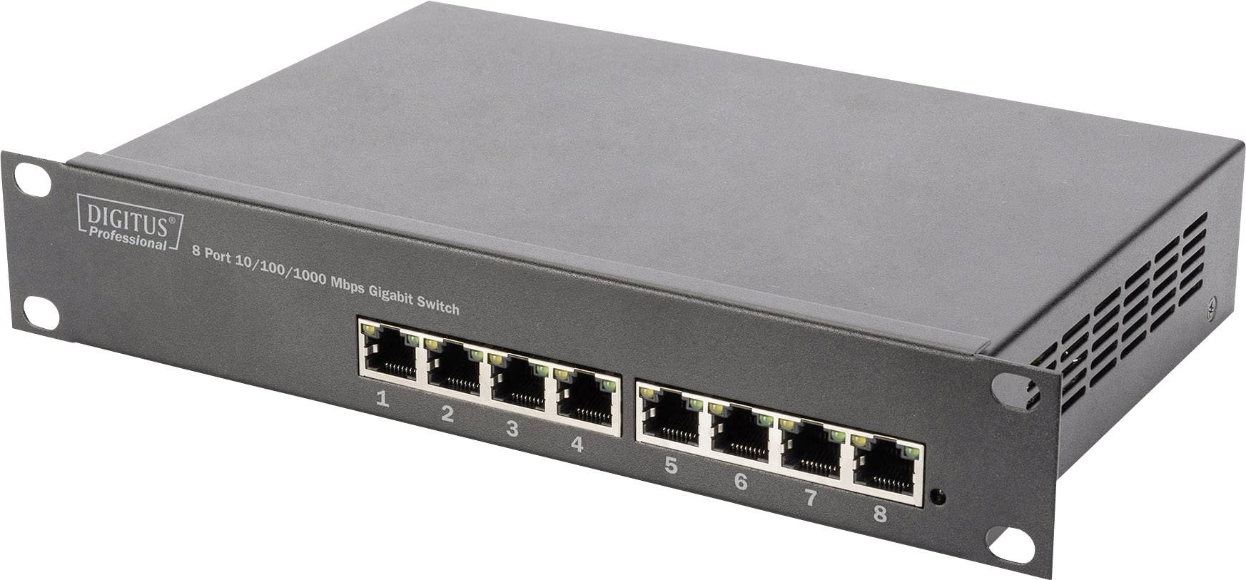 Schwarzer 8-Port Gigabit-Switch im Rackmount-Stil, geeignet für Netzwerkverbindungen mit Ports von 1 bis 8. Ideal für IT-Umgebungen.