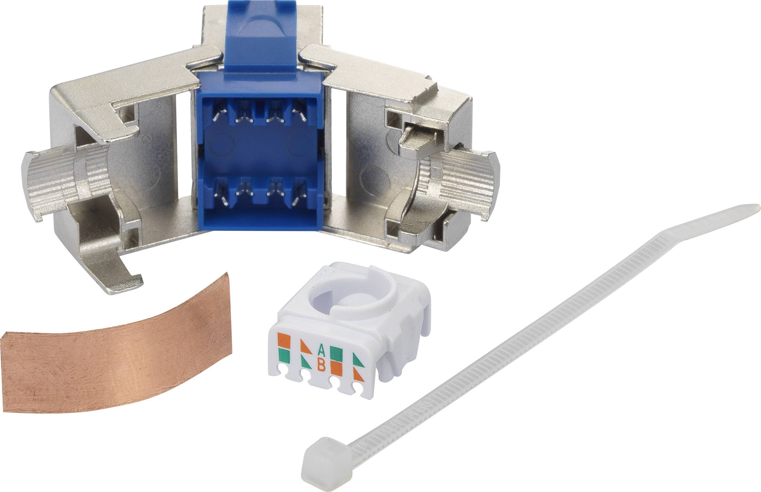 Ein modulares Netzwerksteckverbinder-Kit mit Metallgehäuse, Kunststoffmodul, Kabelbinder und Kupferstreifen, für Kabelinstallation.