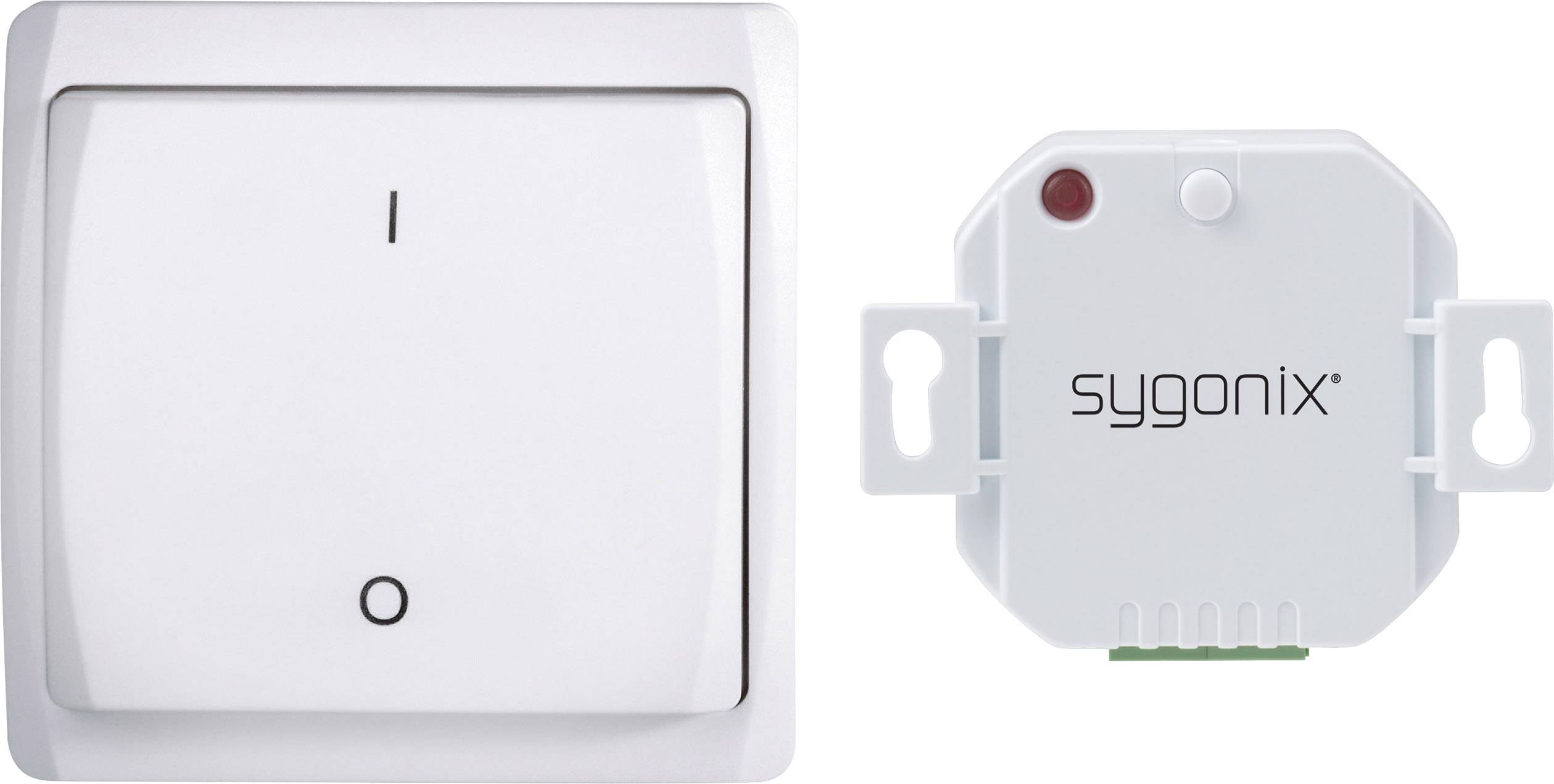 Lichtschalter und weißes elektronisches Modul mit 'sygonix'-Logo, geeignet für Smart-Home-Integration.