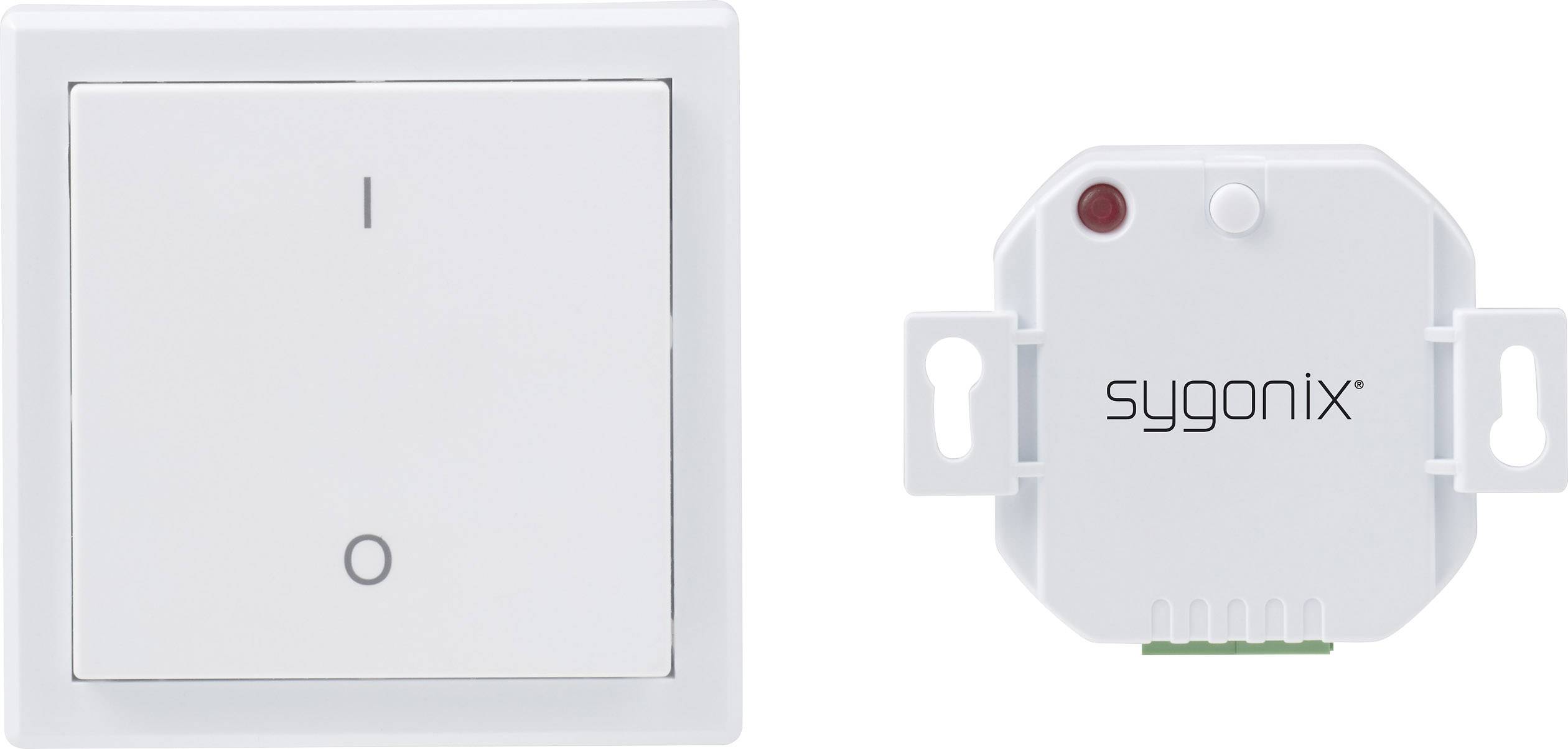 Lichtschalter und Empfänger von Sygonix. Links ist der quadratische Schalter, rechts der rechteckige Empfänger mit Logo.