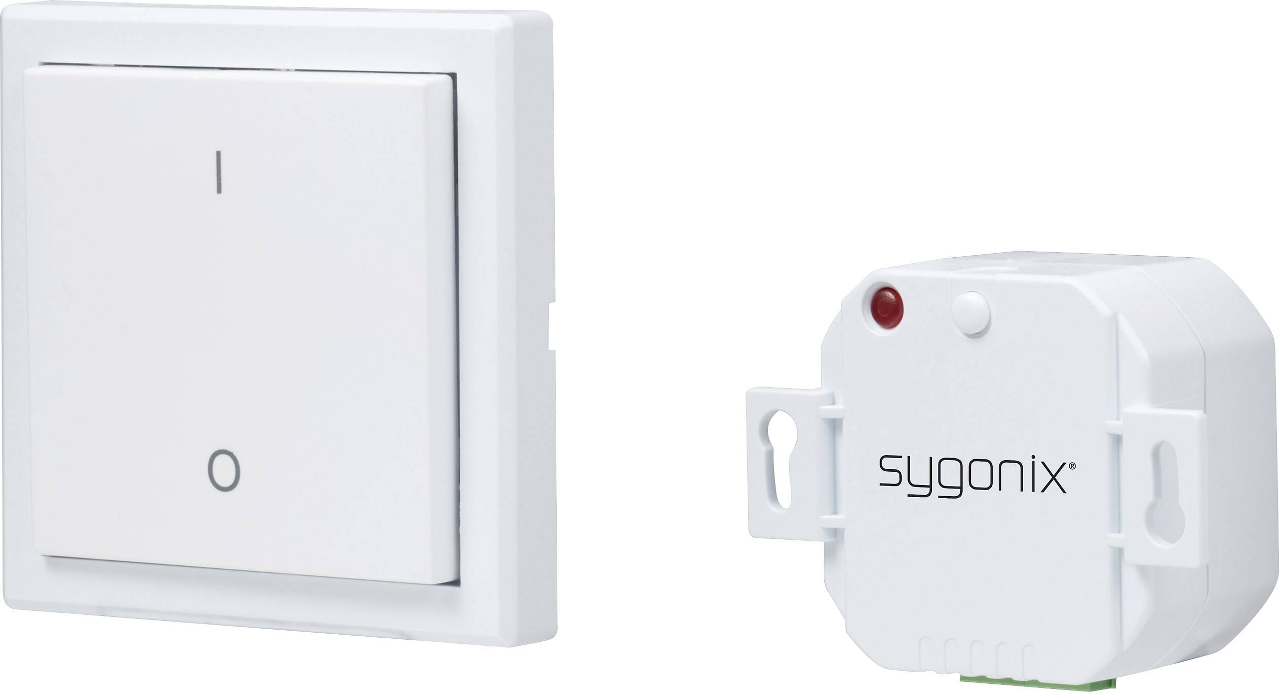 Ein weißer Wandschalter mit I/O-Symbolen und ein weißes Sygonix-Modul, das für die Steuerung von elektrischen Geräten verwendet wird.
