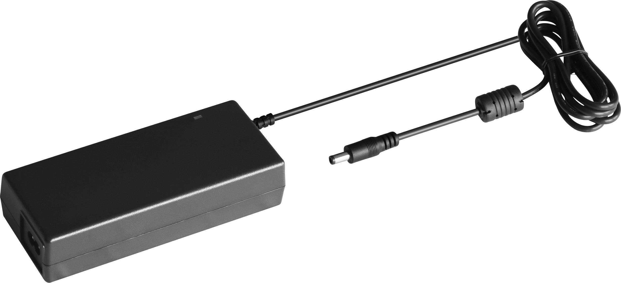 Ein schwarzes Laptop-Netzteil mit einem langen Kabel und einem DC-Anschluss, geeignet für elektronische Geräte.