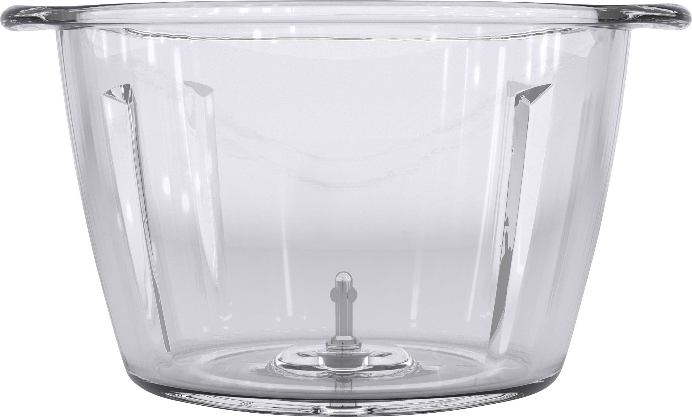 Eine transparente Schüssel mit glatten, geraden Seitenwänden und einem kleinen zentralen Befestigungselement am Boden.