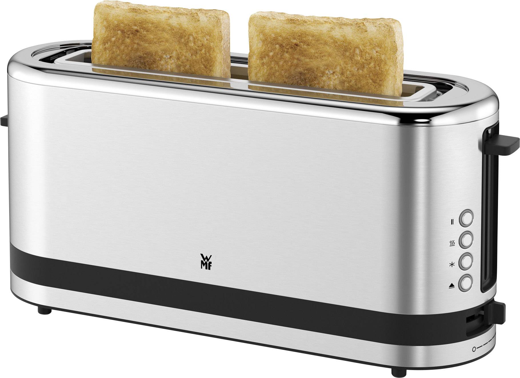 Ein silberner Toaster mit zwei getoasteten Brotscheiben. Die rechte Seite zeigt Knöpfe zur Einstellung.