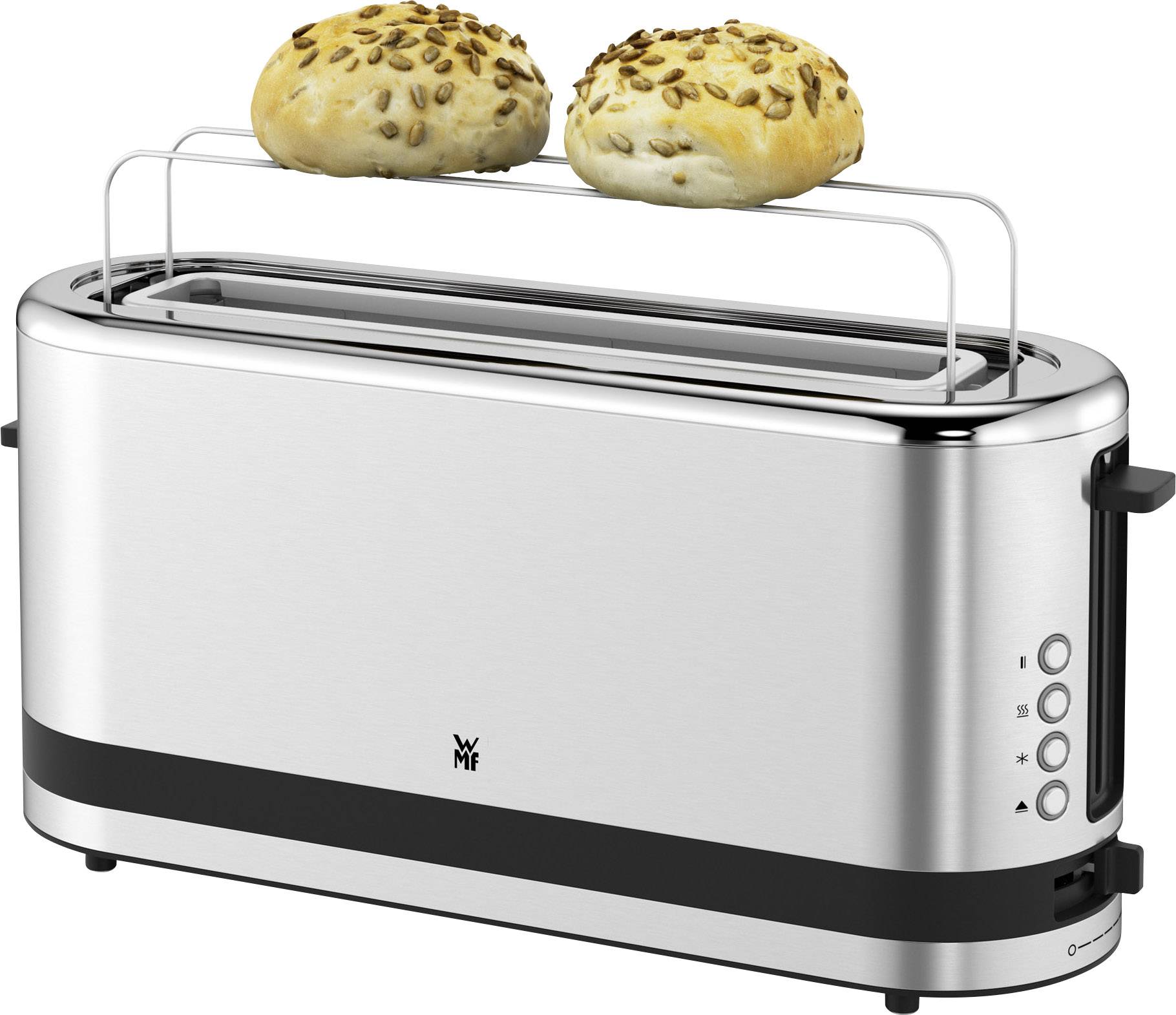 Ein silberner Toaster mit zwei goldbraunen Brötchen auf einem Brötchenaufsatz.