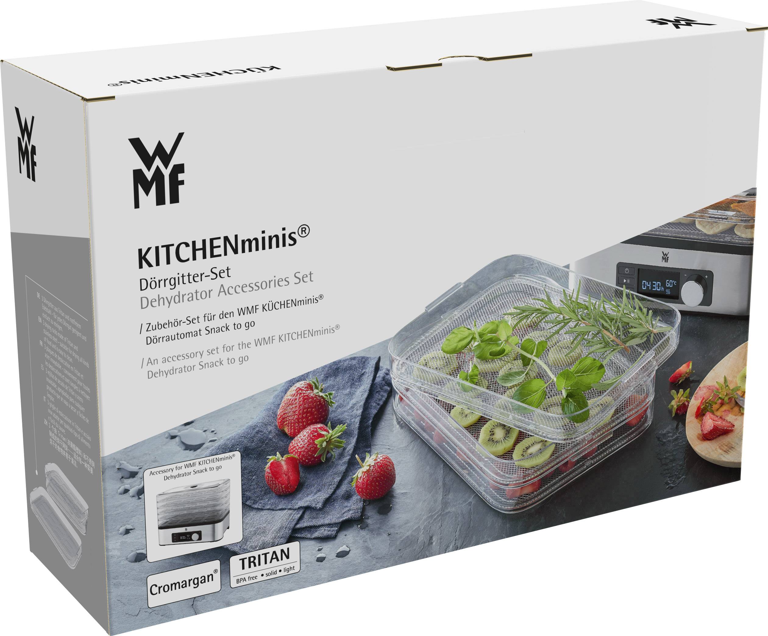 Dörrautomaten-Zubehörset von WMF für KITCHENminis, enthält Behälter mit Erdbeeren und Kräutern, geeignet für Snack to go.