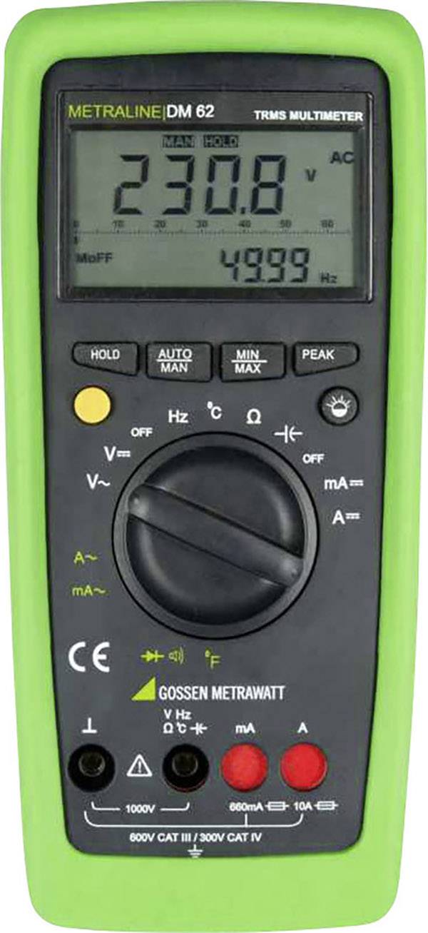 Ein digitales Multimeter mit grünem Gehäuse zeigt '230,8 V AC' auf dem Display an. Es hat verschiedene Einstellknöpfe und Anschlüsse.