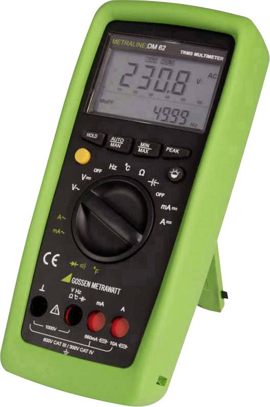 Digitalmultimeter mit grünem Gehäuse zeigt '230.8' Volt auf dem Display. Es gibt Tasten für verschiedene Messfunktionen.