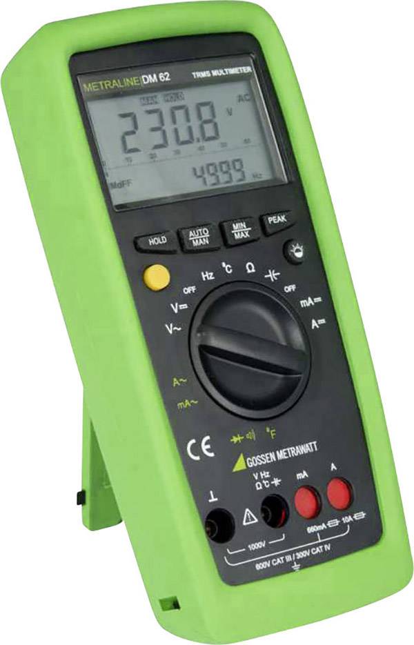 Digitales Multimeter mit grünem Rahmen, zeigt eine Spannung von 230,8 Volt an. Drehschalter und verschiedene Messmodi sichtbar.