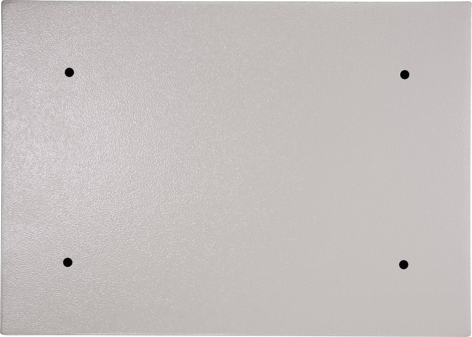Ein rechteckiges, graues Metallblech mit vier vorgebohrten Löchern an den Ecken. Es ist glatt und wird vermutlich als Befestigung verwendet.