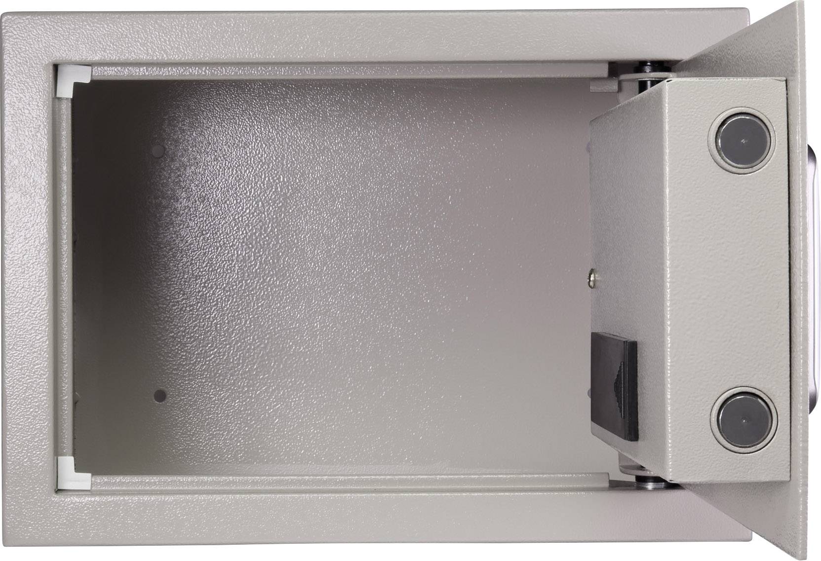 Ein geöffneter Safe mit einer leeren Metallkammer und geöffneter Tür.