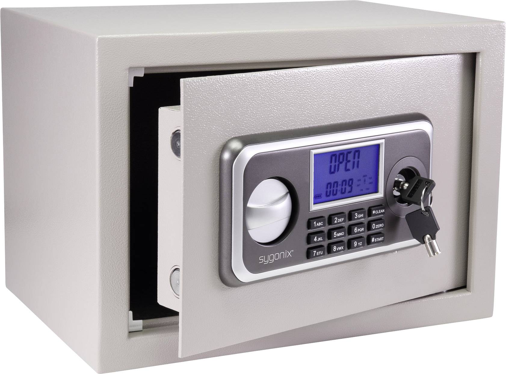 Grauer Safe mit geöffneter Tür. Ein digitales Tastenfeld zeigt 'OPEN'. Ein Schlüssel steckt im Schloss.