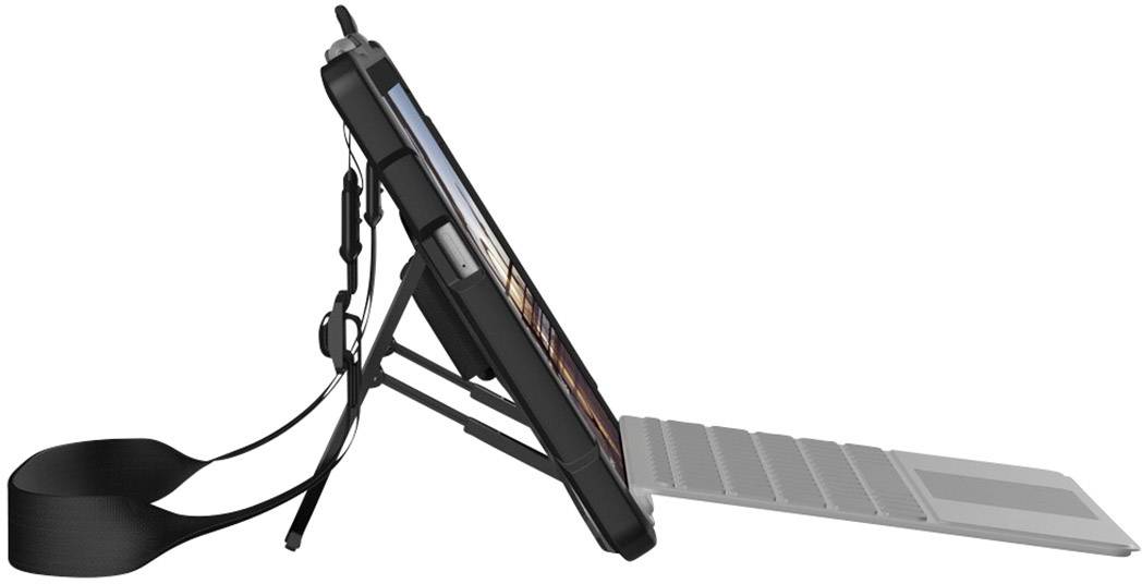 Tablet in Schutzhülle mit verstellbarem Ständer und Tastatur, seitliche Ansicht. Die Halterung erlaubt freihändiges Arbeiten.