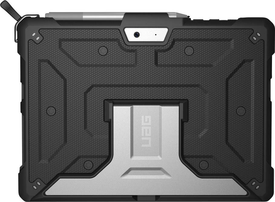 Robuste schwarze Schutzhülle für Tablet mit integriertem Ständer und Stifthalter. Geeignet für Outdoor-Aktivitäten.