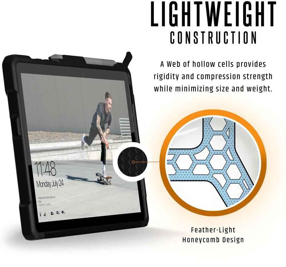 Hülle mit Wabenstruktur und geringem Gewicht schützt Tablet. Mann auf Skateboard als Bildschirmschoner. Text: 'Lightweight Construction'.
