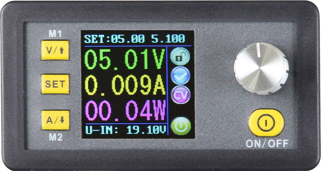 Digitales Netzteil-Display zeigt Spannung 5,01V, Strom 0,009A, Leistung 0,04W. Knopf für Anpassung rechts, ON/OFF-Schalter unten.