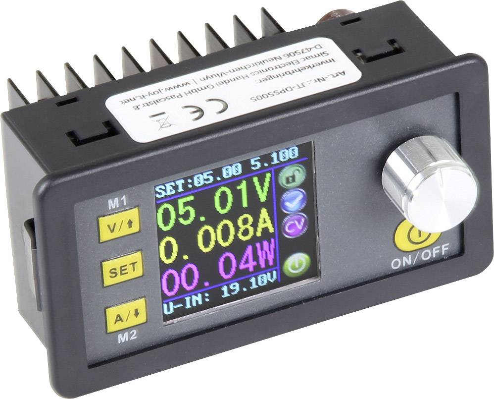 'DCDC-5005' Spannungsregler mit Digitalanzeige. Zeigt: 5.01V, 0.008A, 0.04W. Drehknopf und Ein-/Ausschalter vorhanden.