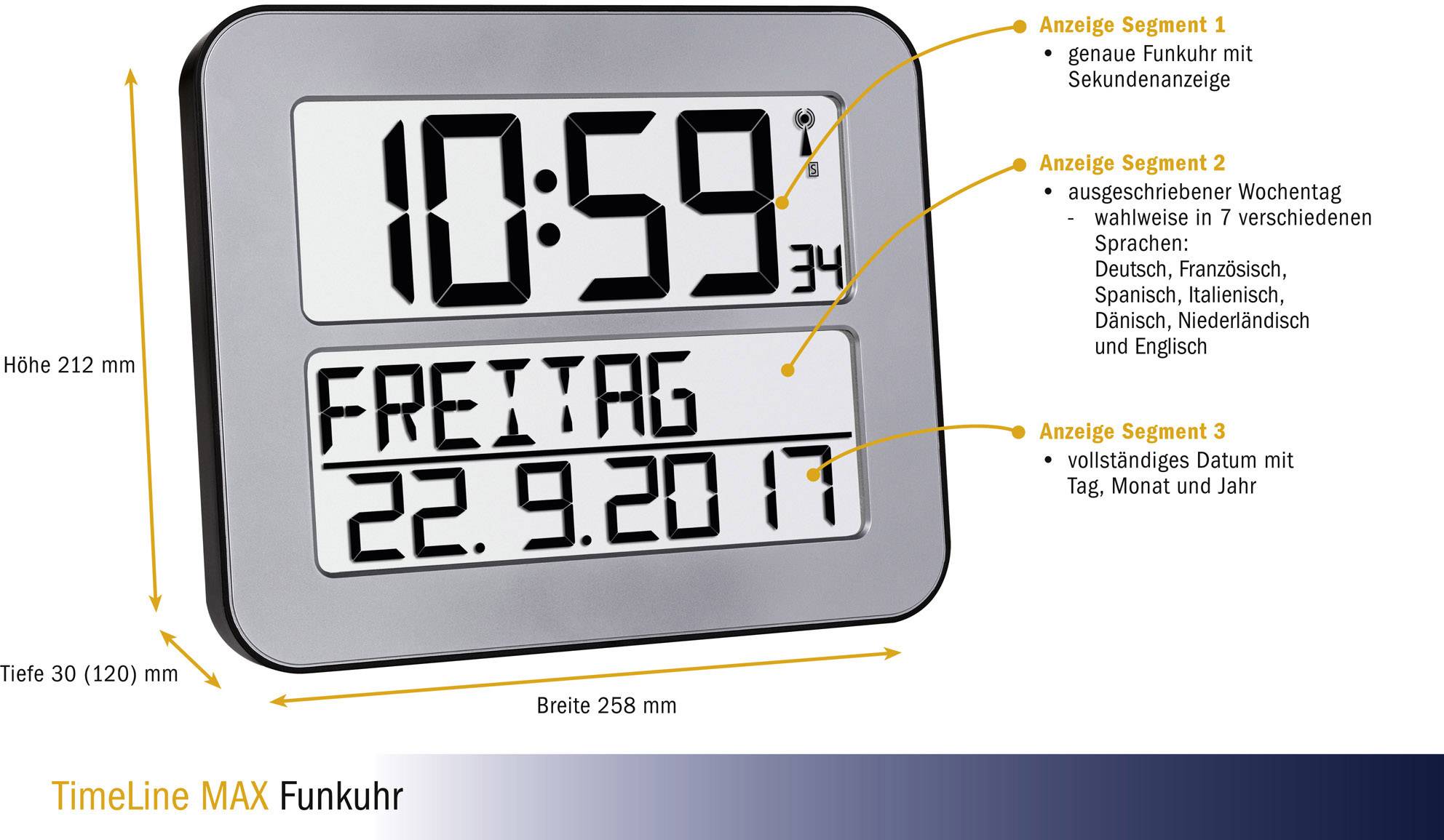 Digitale Funkuhr mit großem Display, zeigt Uhrzeit, Wochentag und Datum. Text in verschiedenen Sprachen verfügbar. Maße: 258x212x30 mm.