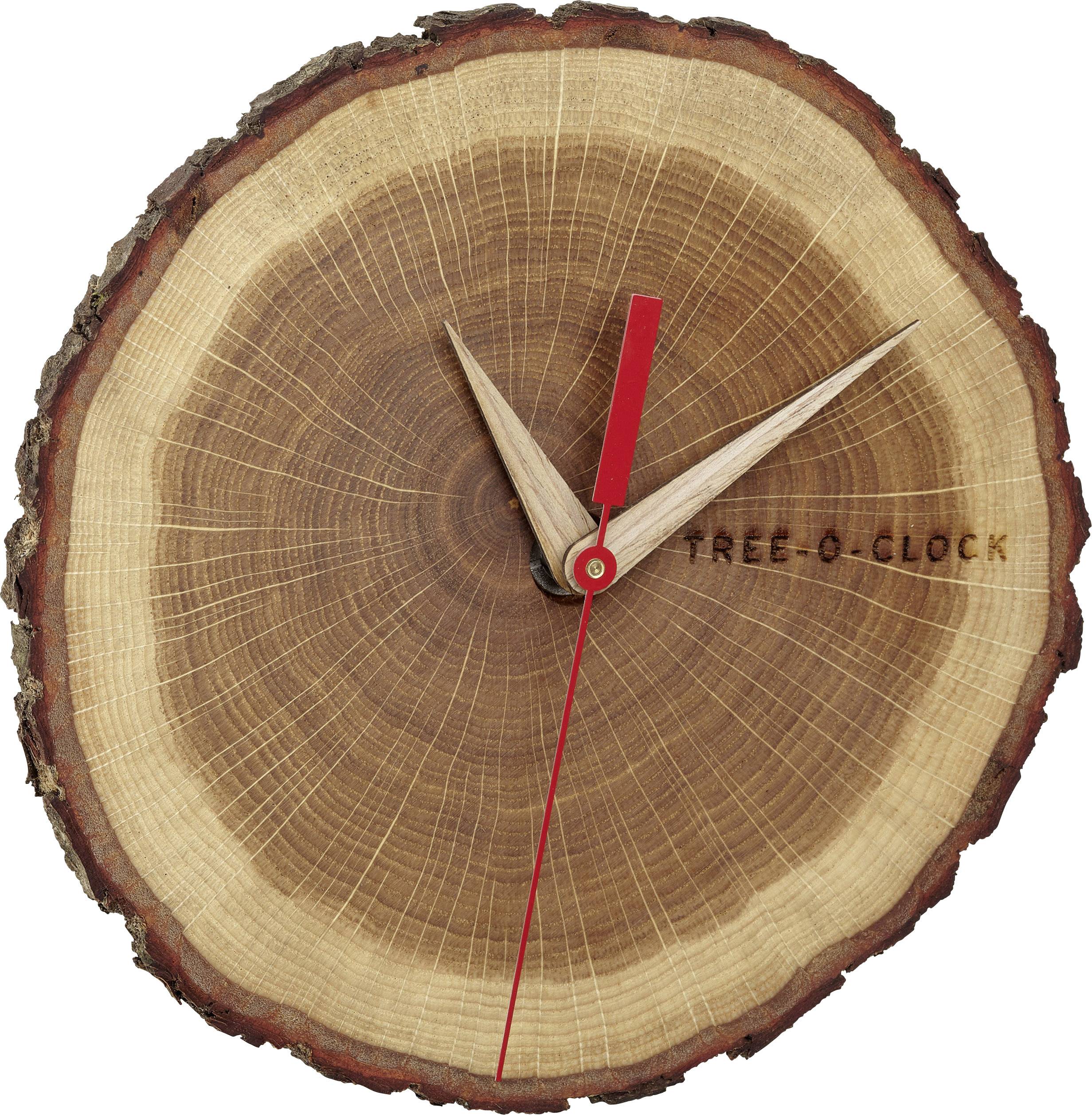 Holzuhr aus einem Baumquerschnitt mit sichtbaren Jahresringen, roten Zeigern und der Gravur 'TREE-O-CLOCK'.