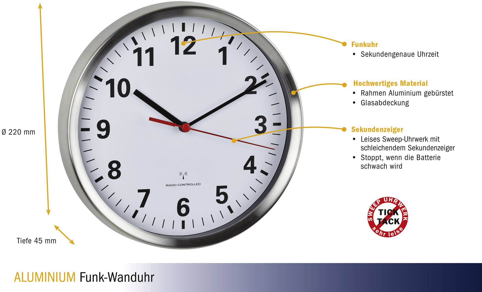 TFA Dostmann 60.3529.02 Funk Wanduhr 22cm x 4.5cm Aluminium Leisegang-Uhrwerk, Energiesparfunktion