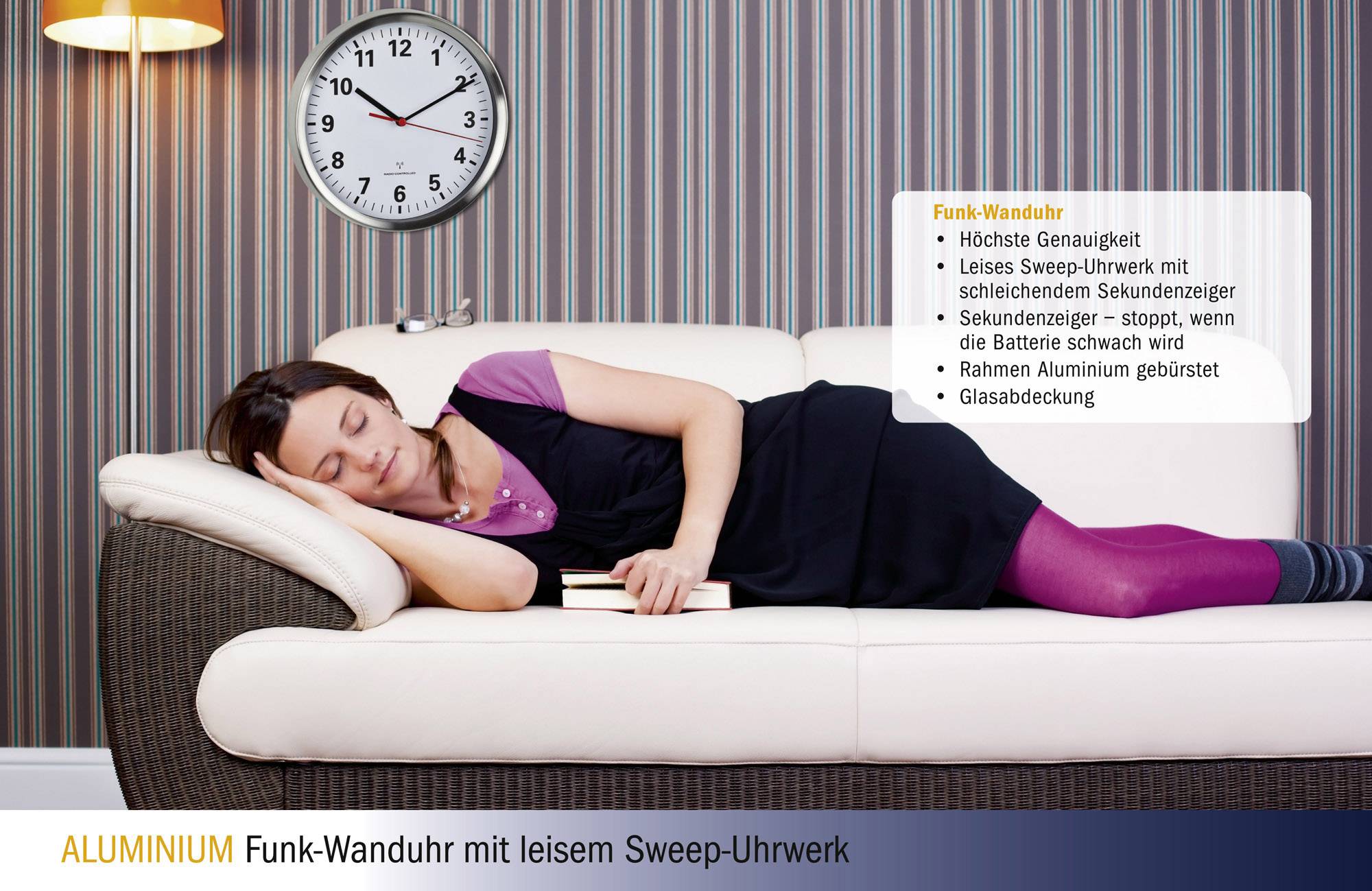 TFA Dostmann 60.3529.02 Funk Wanduhr 22cm x 4.5cm Aluminium Leisegang-Uhrwerk, Energiesparfunktion