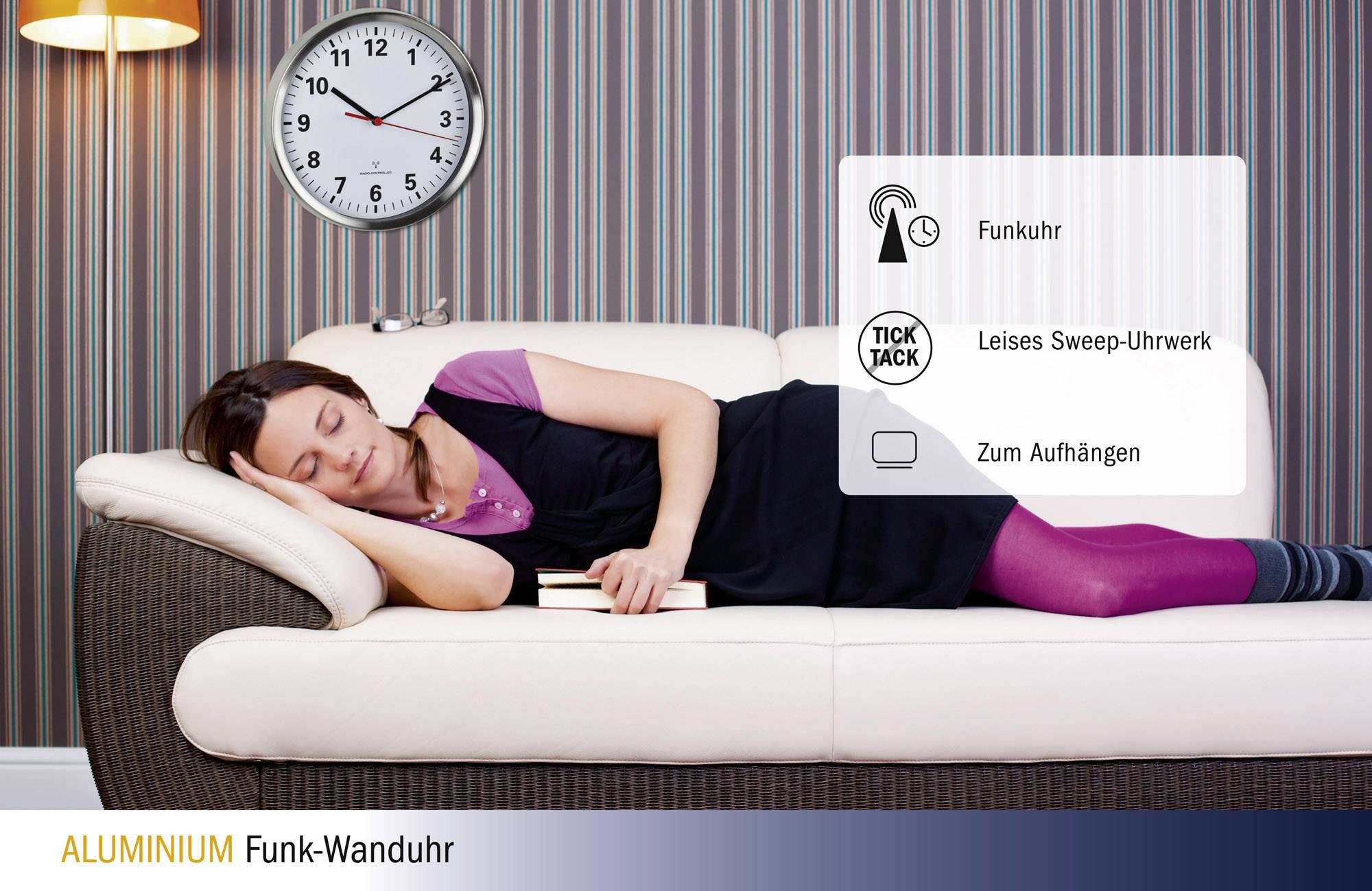 TFA Dostmann 60.3529.02 Funk Wanduhr 22cm x 4.5cm Aluminium Leisegang-Uhrwerk, Energiesparfunktion