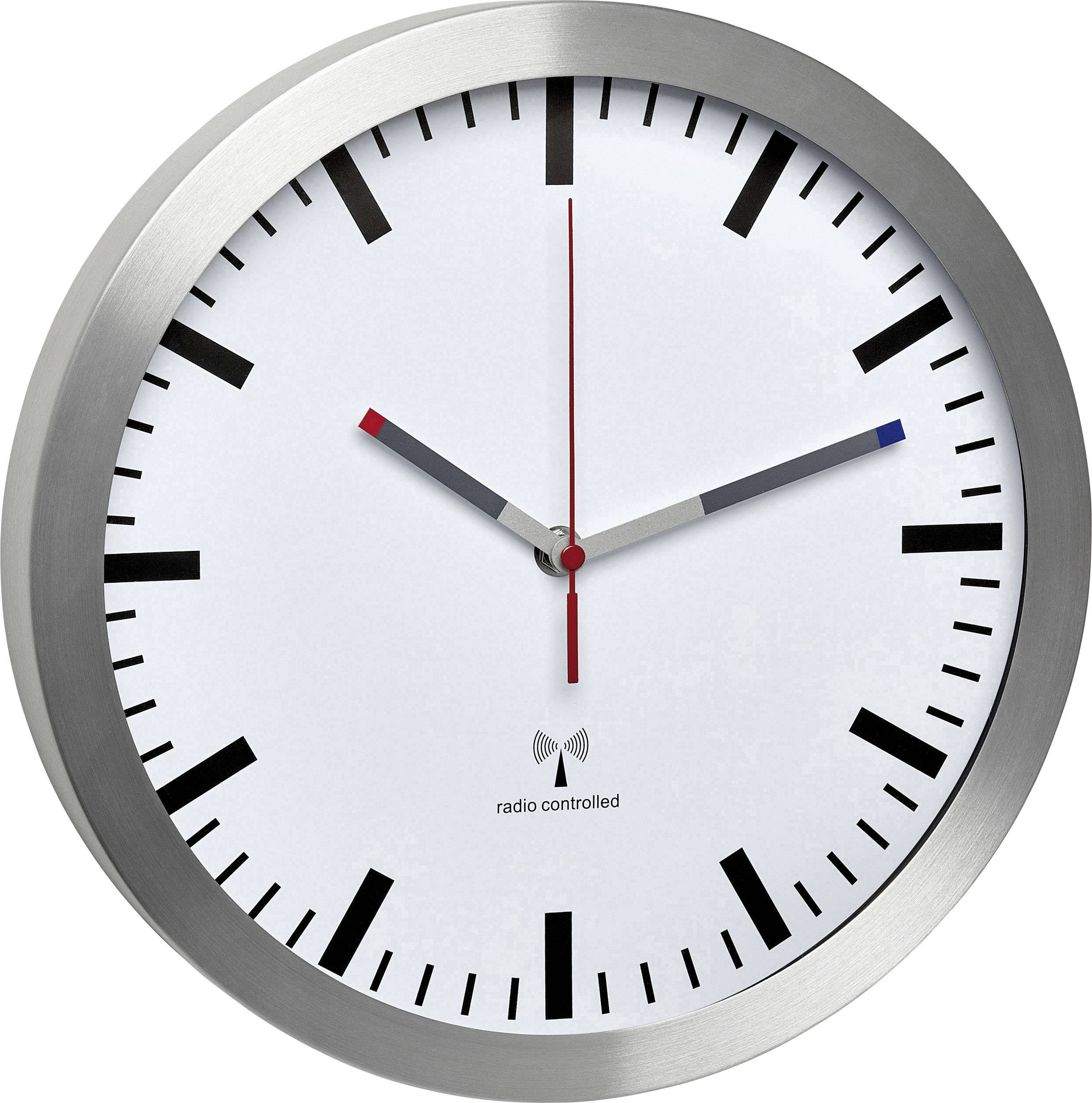 Analoge Wandfunkuhr mit silbernem Rahmen und schwarzem Zifferblatt. Zeiger zeigen 10 Uhr 10 Minuten an.