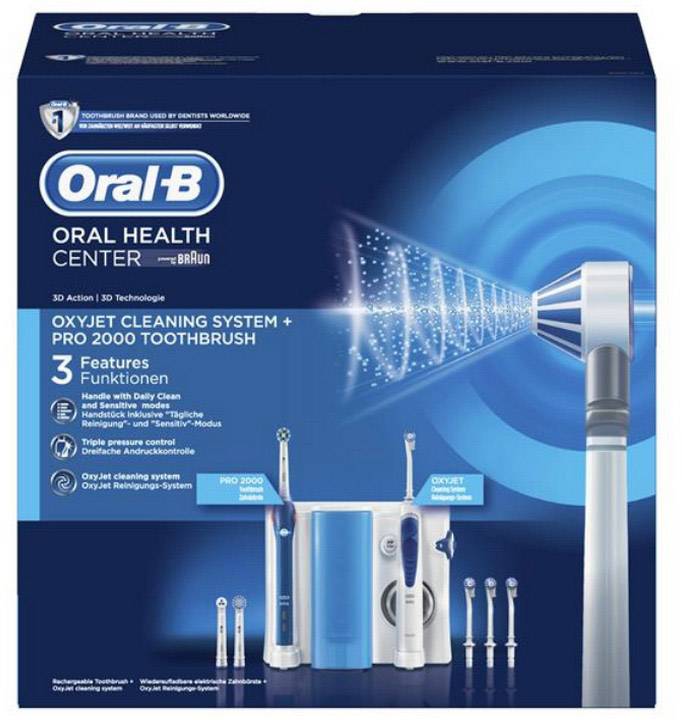 Oral-B Pro 2000 + OxyJet 80311065 Elektrische Zahnbürste, Munddusche Weiß, Dunkelblau