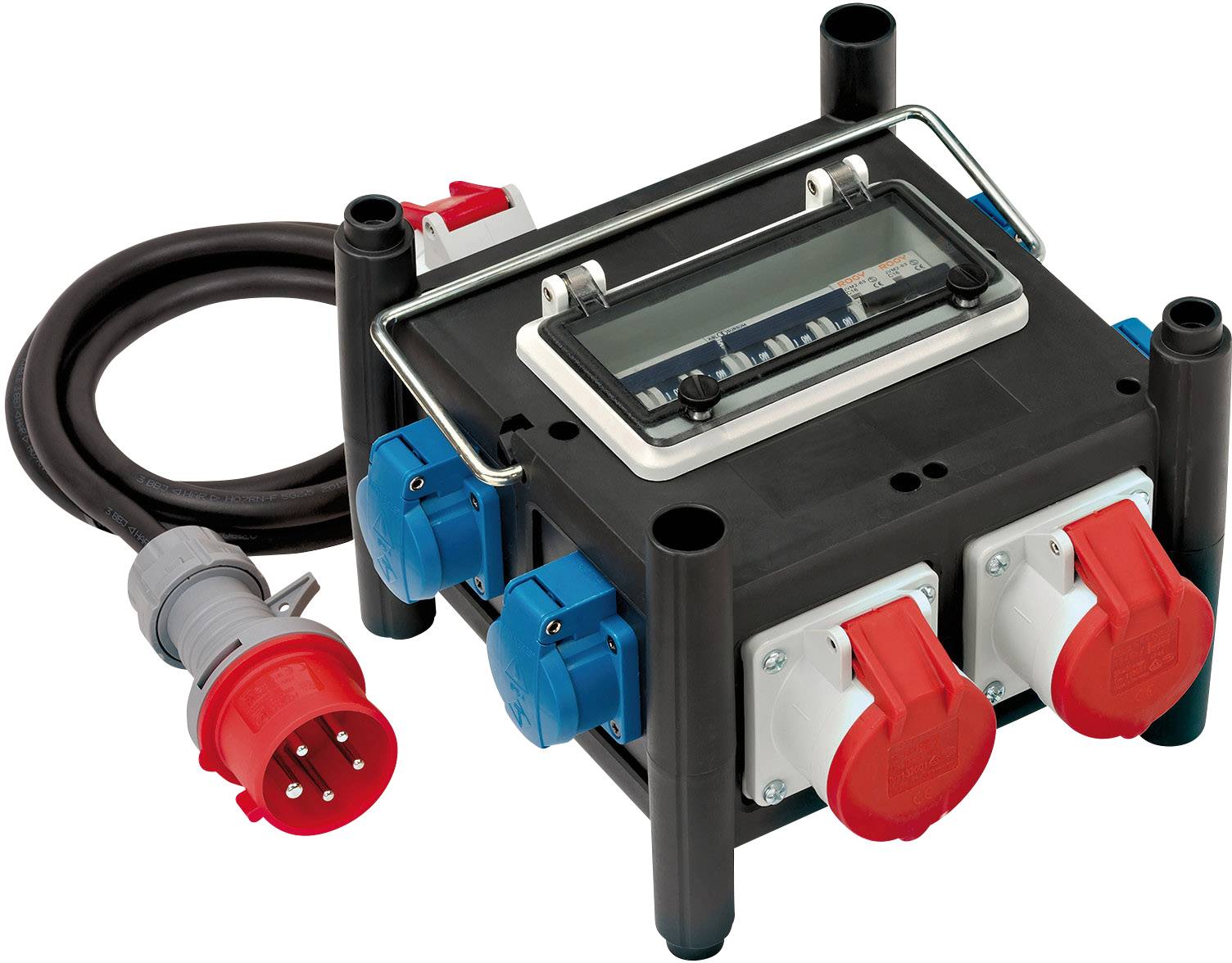 Schwarze Baustrom-Verteilerstation mit mehreren blauen und roten Steckdosen und einem analogen Zähler, kabelgebunden.