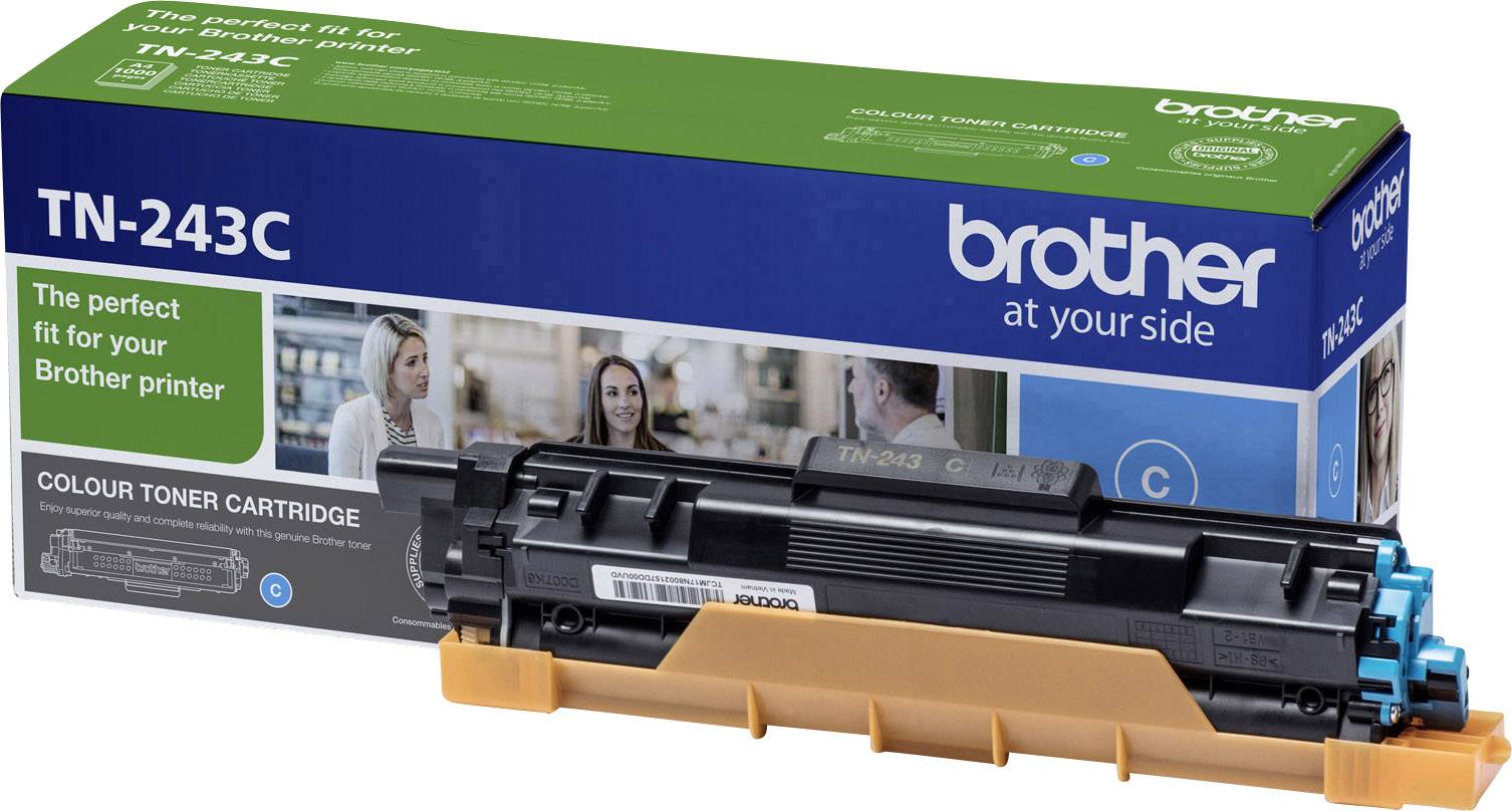 Tonerpatrone Brother TN-243C in Blau, ausgepackt vor der Produktverpackung. Geeignet für Brother-Drucker, farbliche Produktaufnahme.