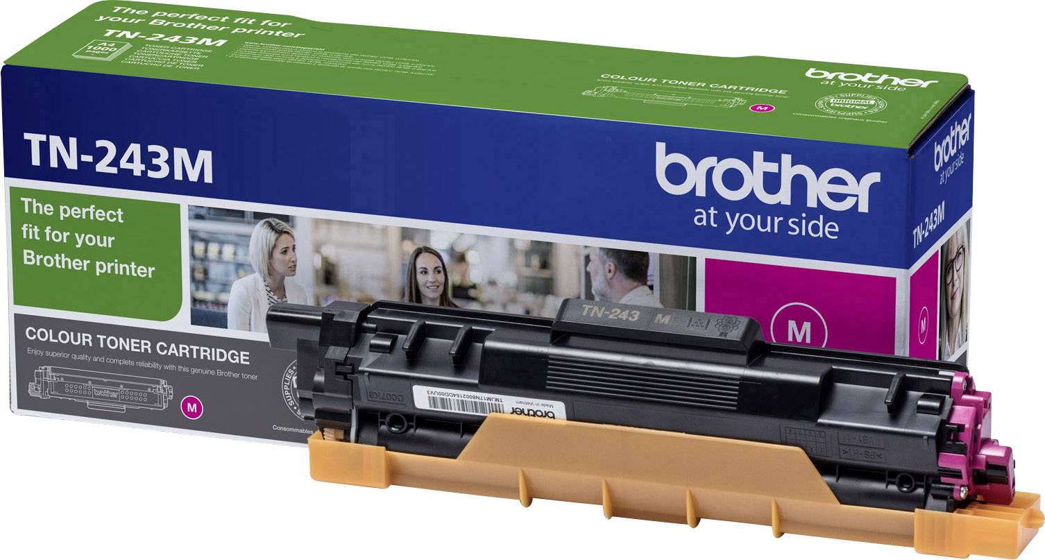 'Tonerpatrone Brother TN-243M' zeigt eine Verpackung mit einer magentafarbenen Tonerkartusche. Auf der Schachtel steht 'The perfect fit for your Brother printer'.