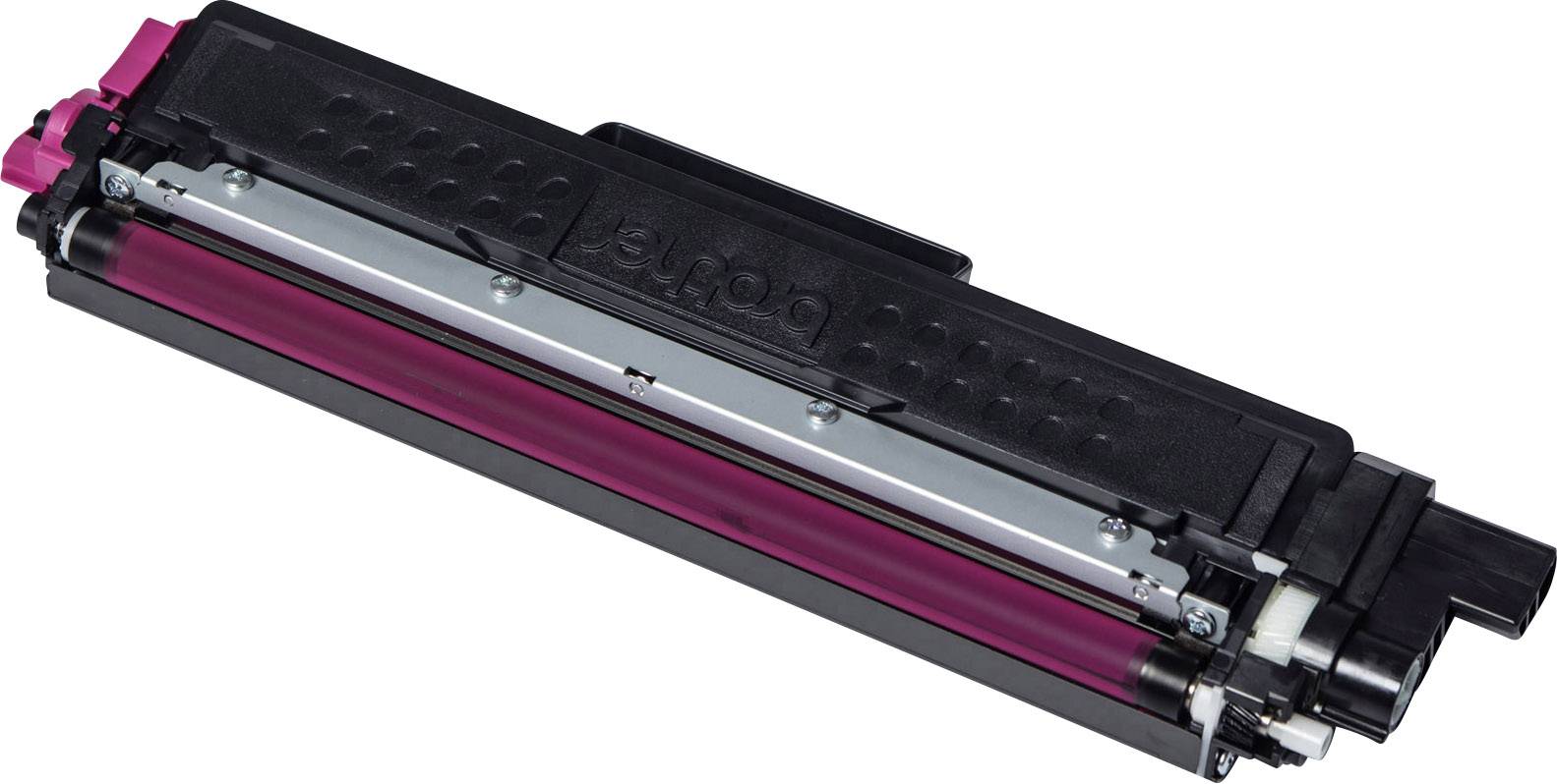 Magenta Drucker-Toner-Kartusche auf weißem Hintergrund.