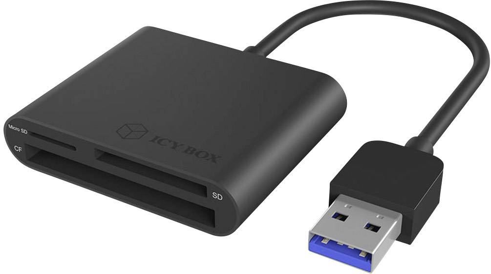 Externer Kartenleser 'ICY BOX' mit USB 3.0 Anschluss. Unterstützt CF, SD und Micro SD Karten. Schwarzes, quadratisches Design.