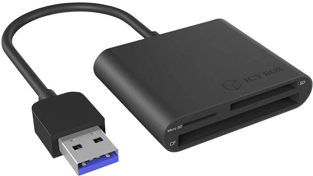 Schwarzer USB-Kartenleser mit mehreren Steckplätzen für Micro SD, SD und CF-Karten. Verbindungskabel endet in einem USB-Stecker.