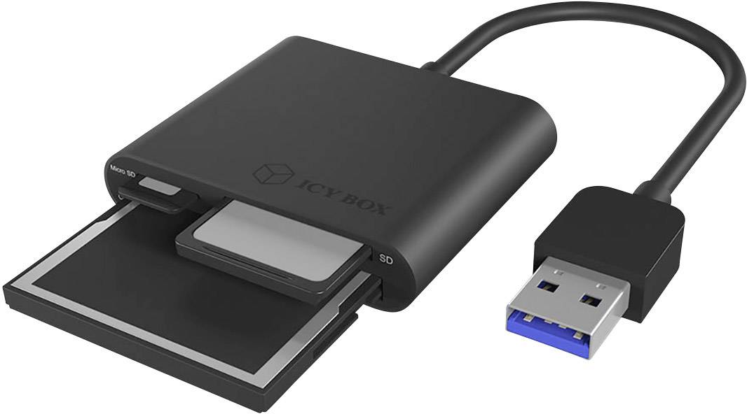 Ein USB-Kartenlesegerät mit eingelegten SD-Karten. Es ist kompakt, schwarz, mit einem USB-Stecker zum Anschluss an Computer.