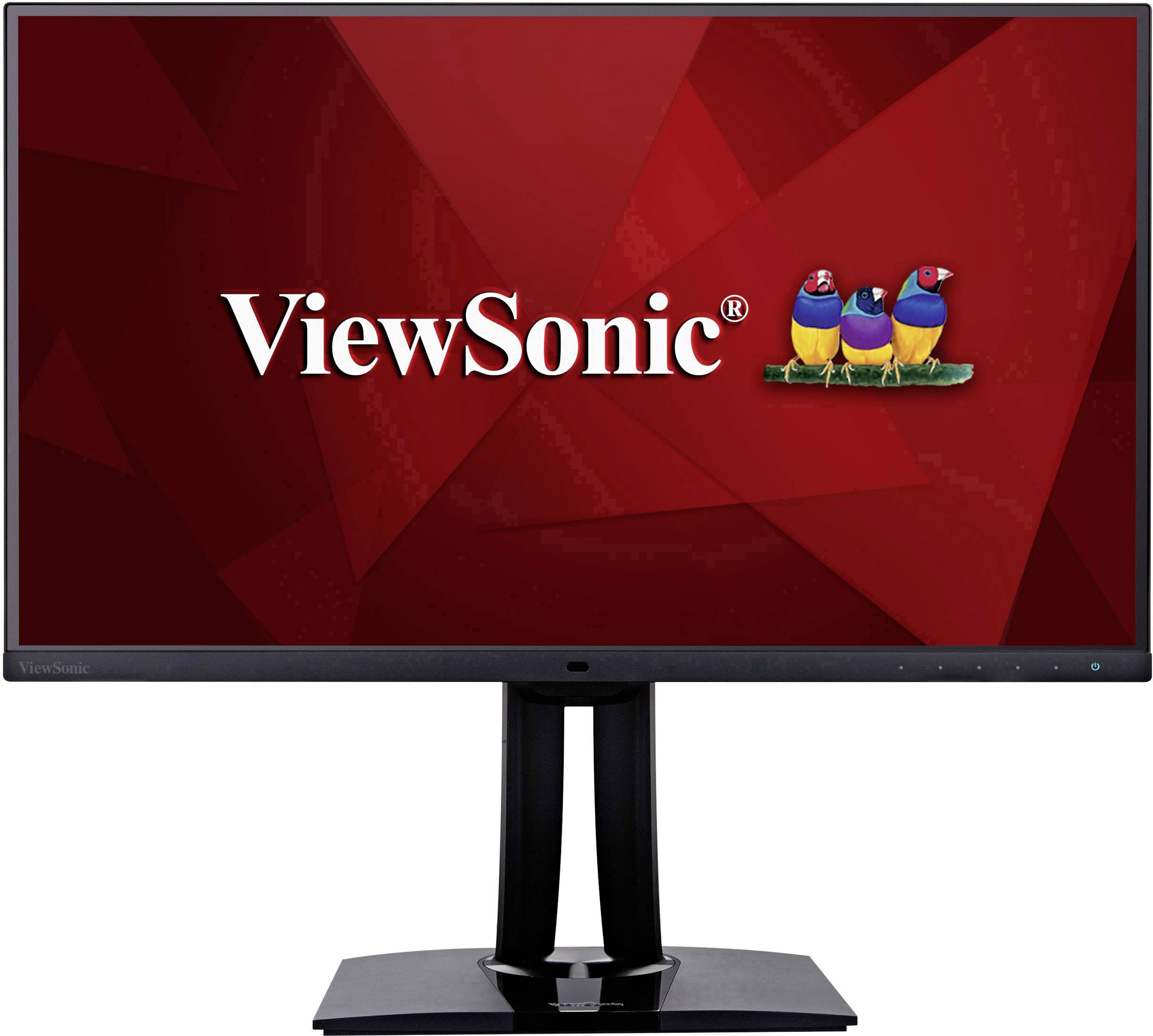 Ein schwarzer Monitor der Marke 'ViewSonic' mit einem roten Bildschirmhintergrund und dem 'ViewSonic'-Logo.