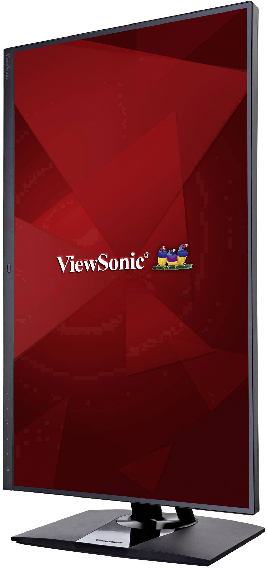 Ein kippbarer LED-Monitor von ViewSonic in vertikaler Ausrichtung mit rotem Bildschirmhintergrund und buntem Logo.