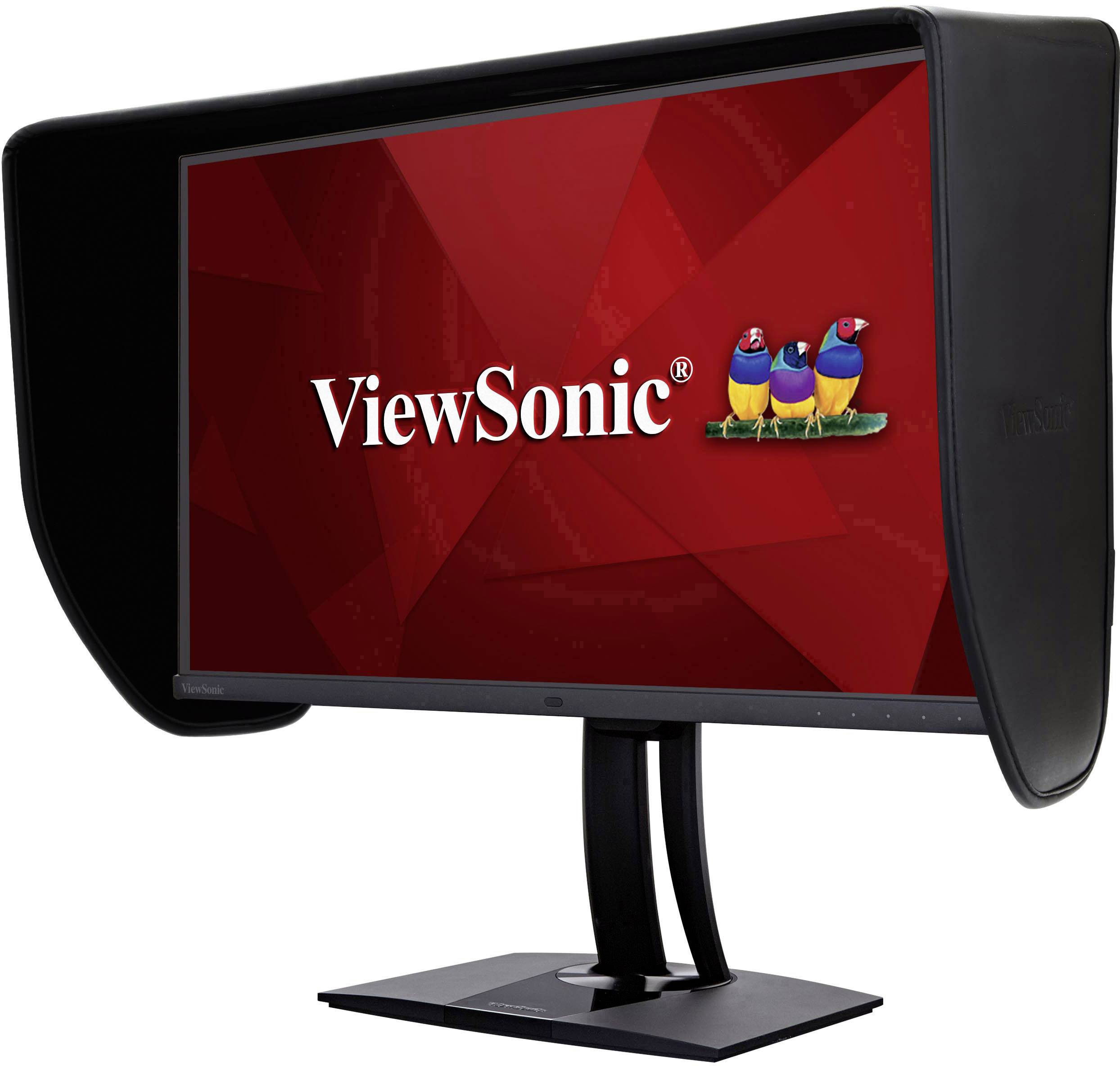 Monitor mit Sichtschutzblenden, auf rotem Bildschirm steht 'ViewSonic' mit drei bunten Vögeln, optimal für professionelle Bildbearbeitung.