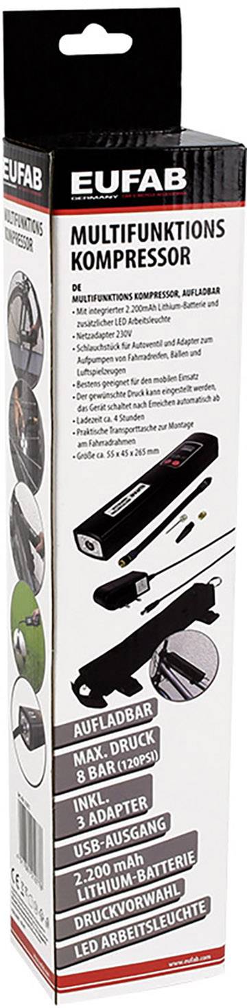 Eufab 21077 Kompressor 8 bar 230 V ladebar, Aufbewahrungs-Box/-Tasche, Automatische Abschaltung, Digitales Display, mit Arbeitslampe