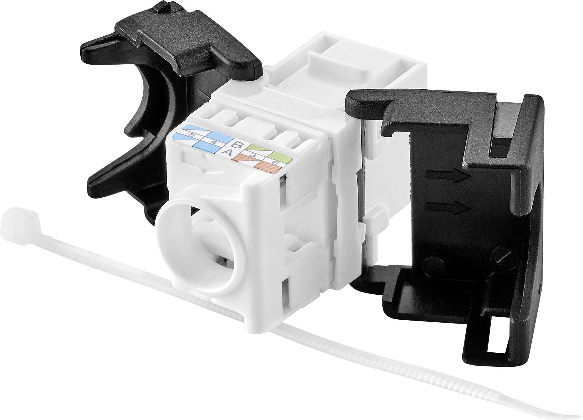 Ein Ethernet-Keystone-Modul, das mit einem weißen Kabelbinder und schwarzen Kunststoffclips verbunden ist.