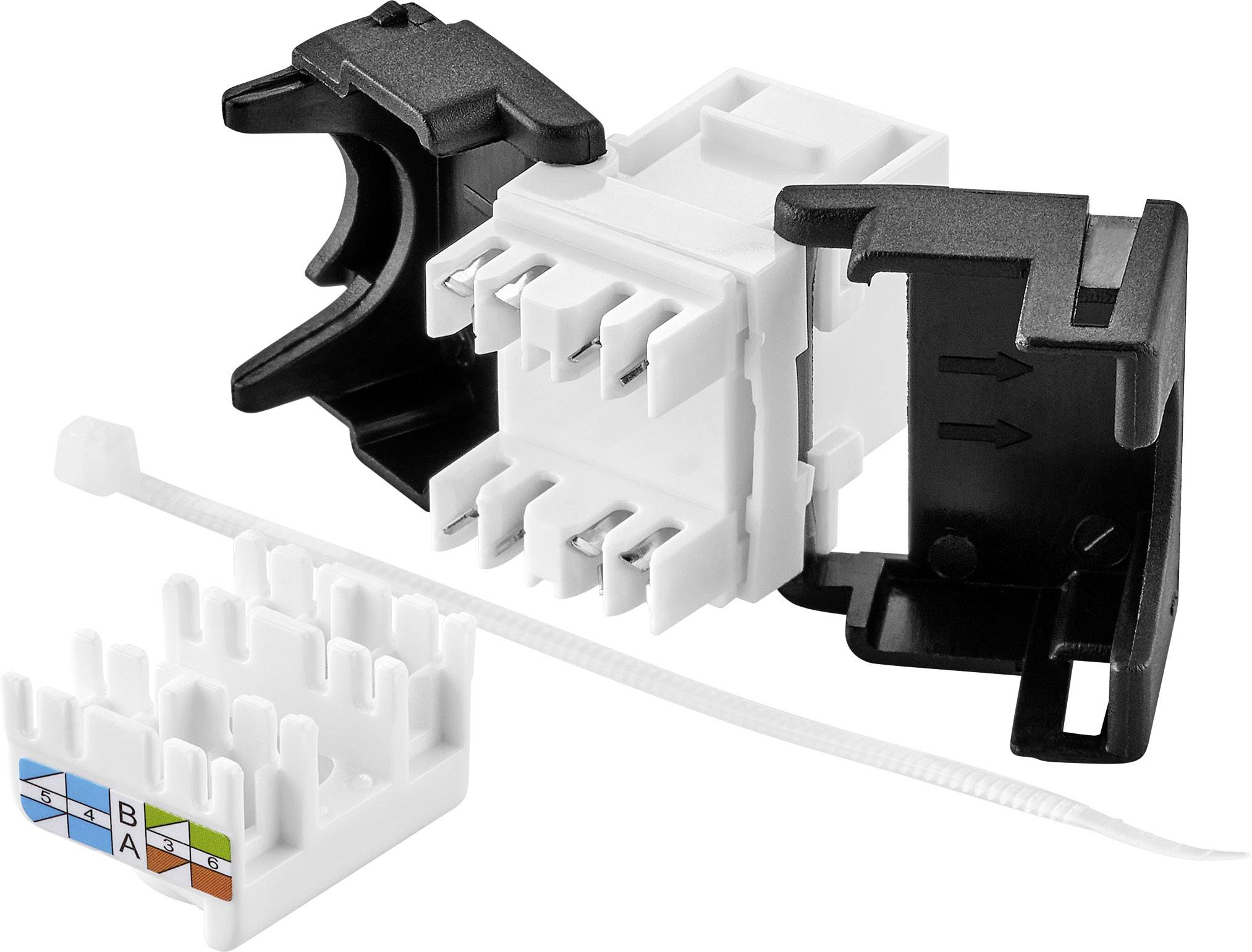Ein modulares Werkzeug zur Netzwerkverkabelung mit farbcodiertem Einsatz zur Orientierung bei der Installation.