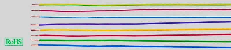 Bunte Drähte in verschiedenen Farben (Rot, Blau, Grün, Gelb, Lila) nebeneinander. Links unten ist ein 'RoHS'-Symbol abgebildet.