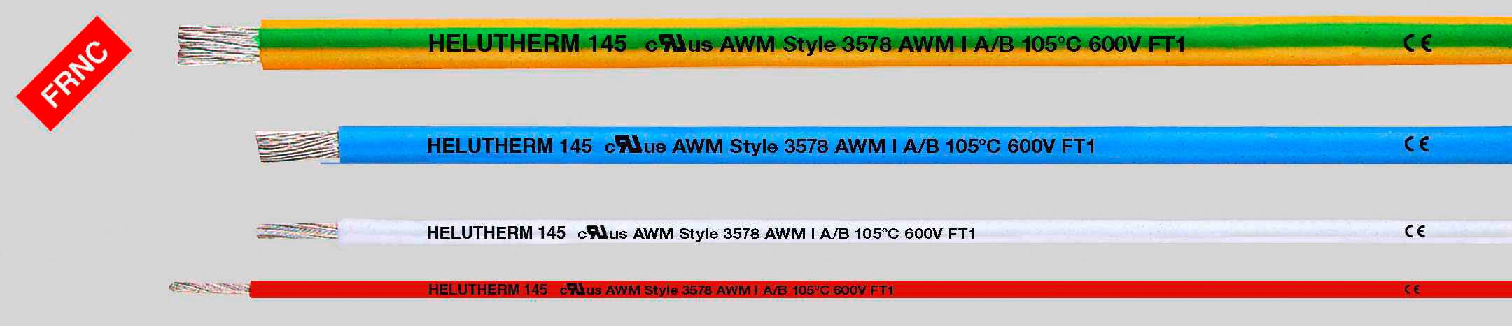 Vier farbige Kabel mit Beschriftung 'HELUTHERM 145', angezeigt mit technischen Details wie AWM-Stil, Temperaturrating. Links roter Text: 'FRNC'.