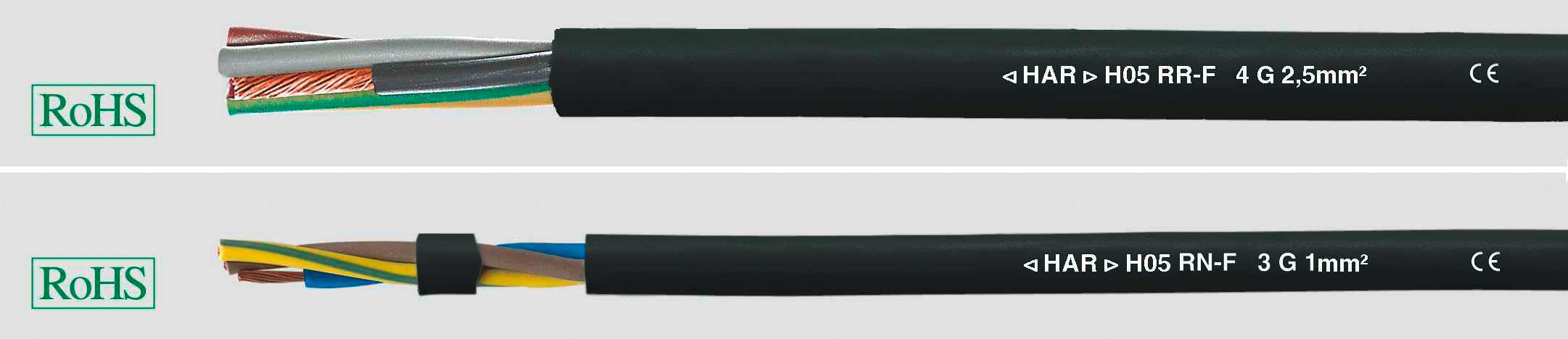 Oben: Mehradriges Kabel mit Beschriftung 'H05 RR-F 4 G 2.5mm²'. Unten: Kabel mit Beschriftung 'H05 RR-F 3 G 1mm²'. Beide mit RoHS-Logo.