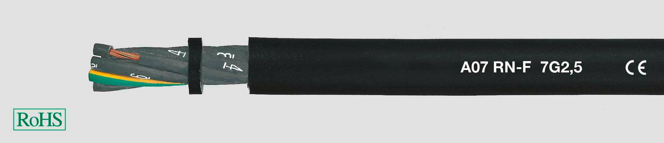 Schwarzes Kabelmodell 'A07 RN-F 7G2,5' mit freiliegenden farbigen Drähten. RoHS- und CE-Kennzeichen sichtbar links und rechts.