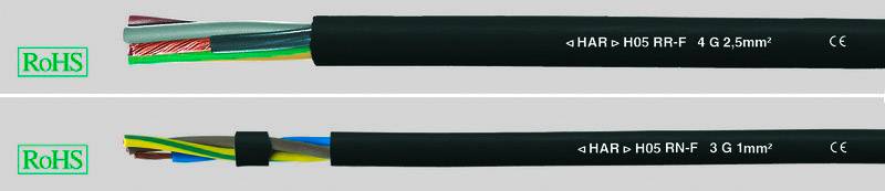 Zwei Kabel mit RoHS-Zeichen; das obere mit der Aufschrift 'H05 RR-F 4G 2,5mm²', das untere mit 'H05 RR-F 3G 1mm²'.