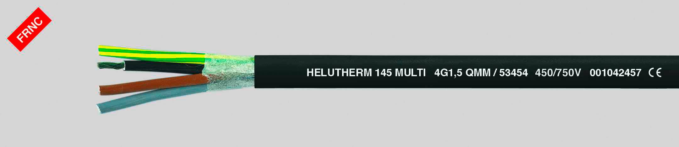 Mehradriges Kabel mit Isolierung und Beschriftung: 'HELUTHERM 145 MULTI'. Geeignet für 450/750V, enthält grüne, braune, blaue und schwarze Drähte.